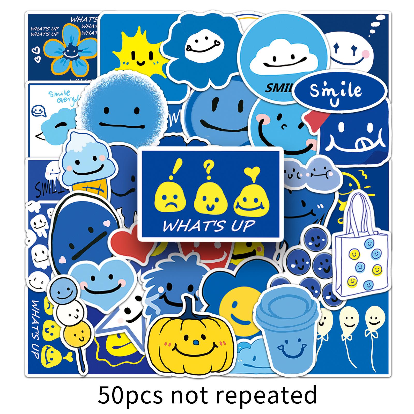 50 Sheets Hand-Drawn Blue Smile Animal Stickers for DIY Journals and Computers