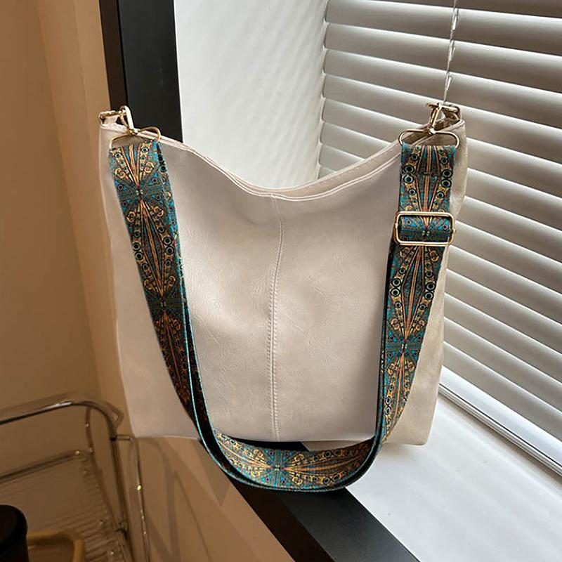 Vintage Solid Color Women  Shoulder Sling Bag High-Capacity Simple Wide Strap Bucket Crossbody Bag
