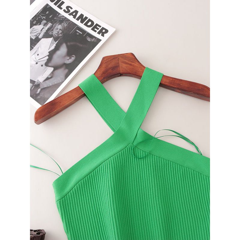 American Fashion Brand Cross Hanging Neck Cami Summer Rib Solid Sexy Short Knitted Top Women