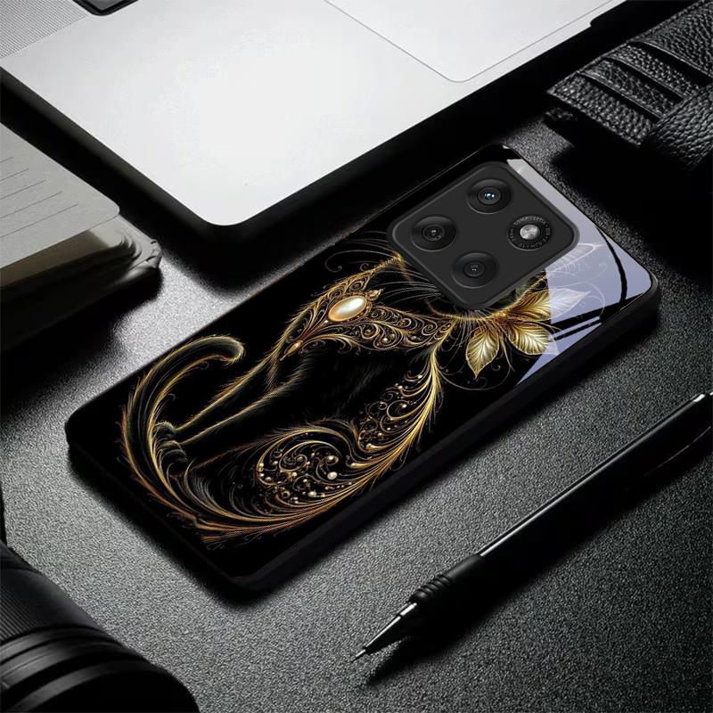 Mystic Golden Pearl Cat Black Glass Phone Case For Motorola Moto Edge 60 70 20 Lite 30 Pro 40 50 Ultra X30 Pro G14 G75 G84 Cover