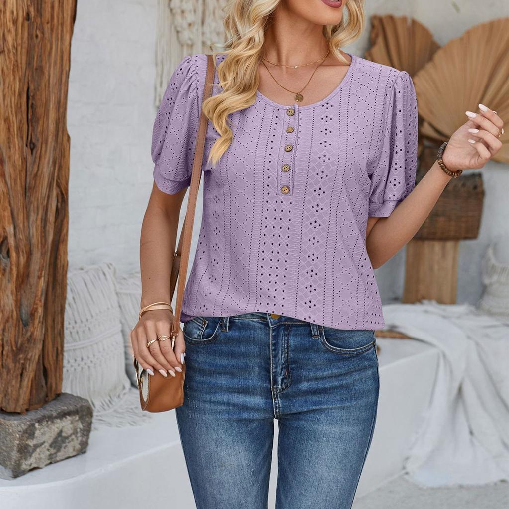 Spring/Summer Women's Button Round Neck Bubble Sleeve Loose Solid Color T-shirt Top