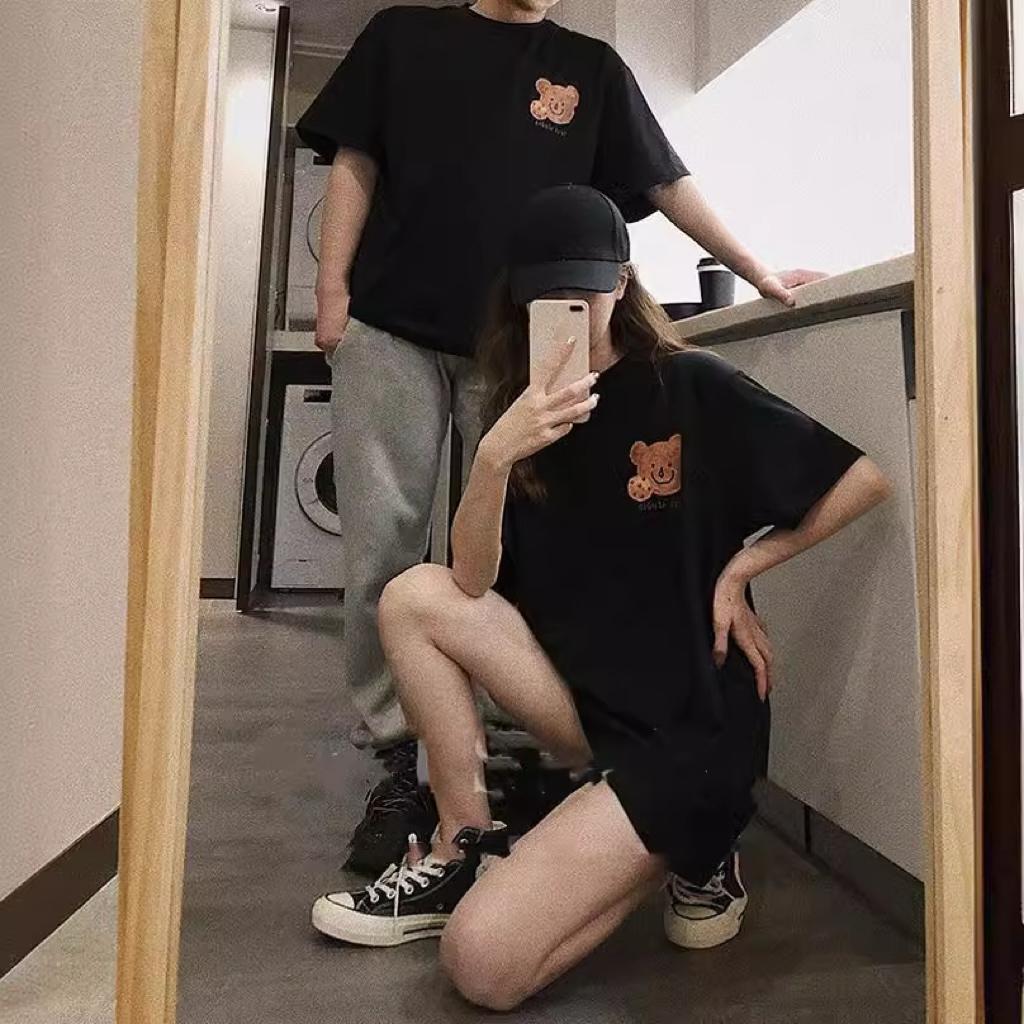 SCIONE Retro Bear Cartoon Printing Short-sleeved Round Neck Loose Leisure Versatile T-shirt 2025 New Sweet Cute Bear Couple Clothing