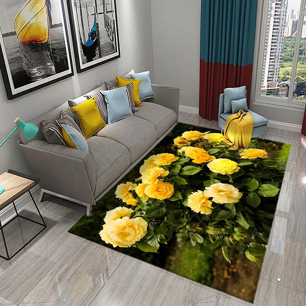 Tapete de Flores Amarelas Lindo Tapete Floral em Flor Tapetes de Área Retangulares para Mulheres Tapete de Yoga para Adultos Sala de Estar Tapete de Chão Decorativo