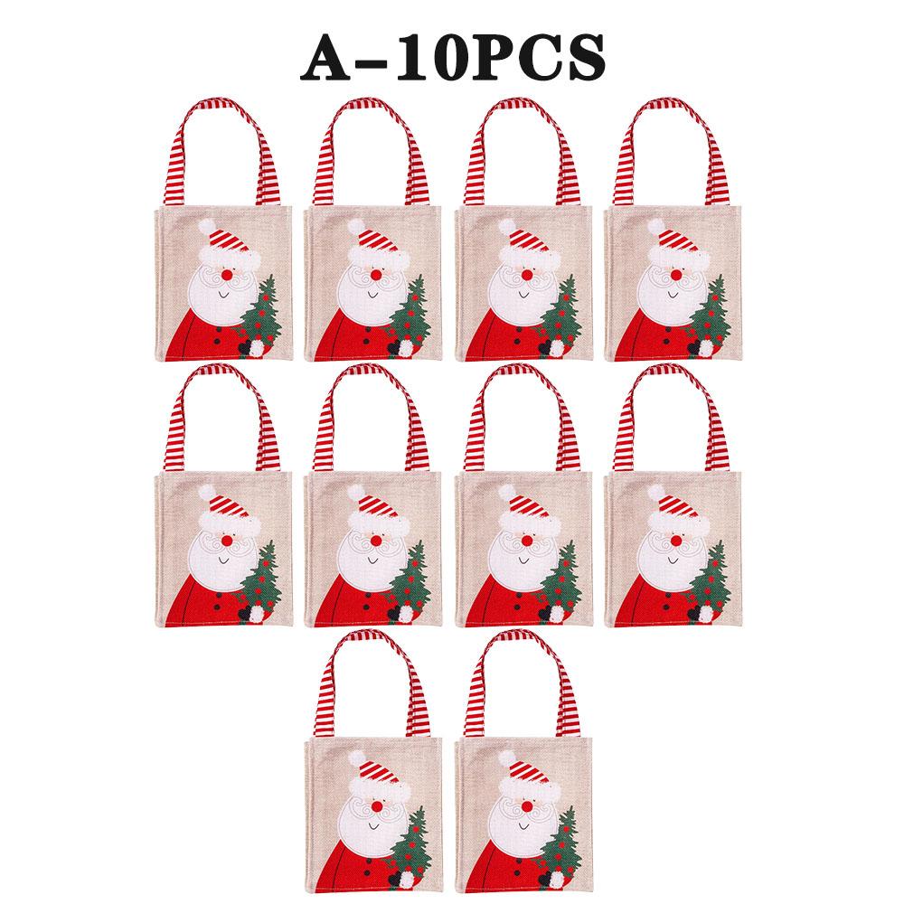 Christmas Candy Apple Pouch Santa Snowman Print Gift Bag Natural Jute Fabric Reusable Holiday Party Favor Storage