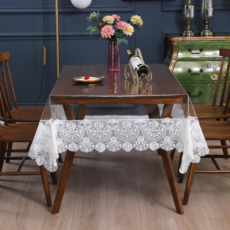 PVC Waterproof Soft Glass Transparent Table Cloths Rectangular Plastic Round Tea Table Lace Dust Table Cover Wedding Party Decor