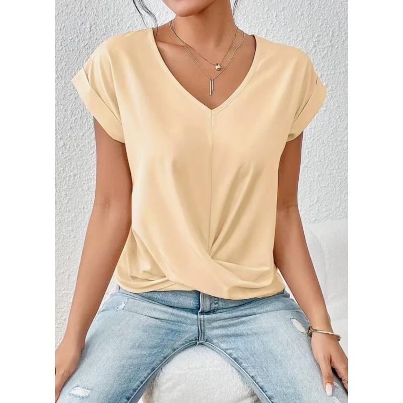 Summer Hot Item Solid Color V-neck Short Sleeved T-shirt for Women Elegant Pullover Top Shirt