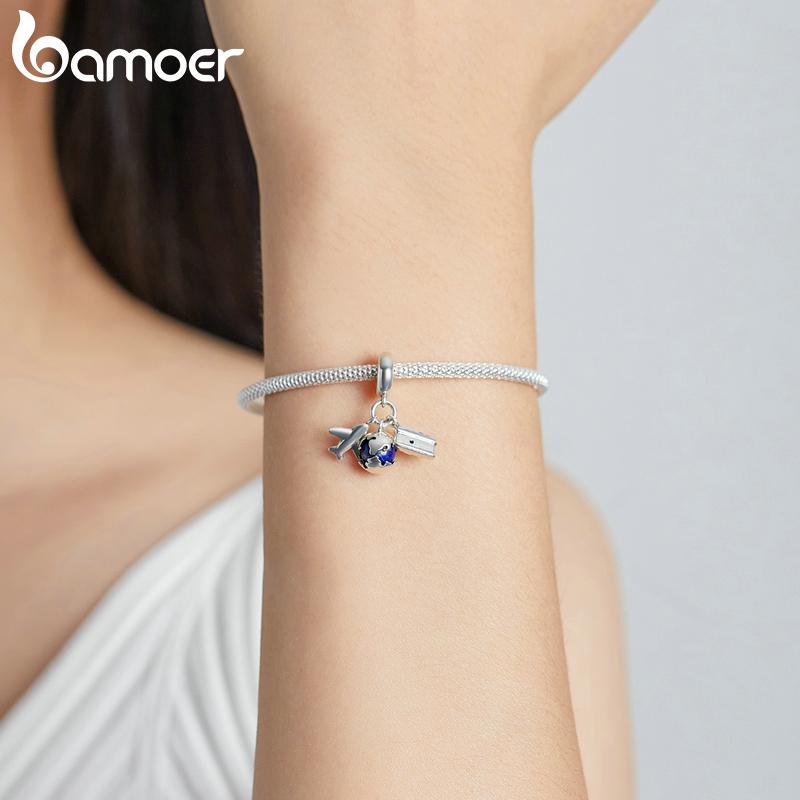 Bamoer Genuine 925 Silver Travel Round the World-Mini Camera Pendant Fit for Bracelet or Bangle Plane Charms Jewelry