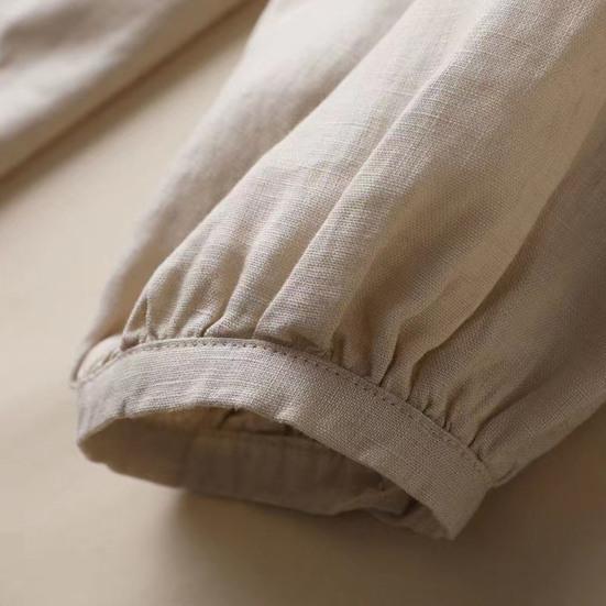 Women Retro Casual Shirt O-neck Lantern Long Sleeve Single Breasted Shirt Top Splicing Design Loose Fit Solid Color Blouse