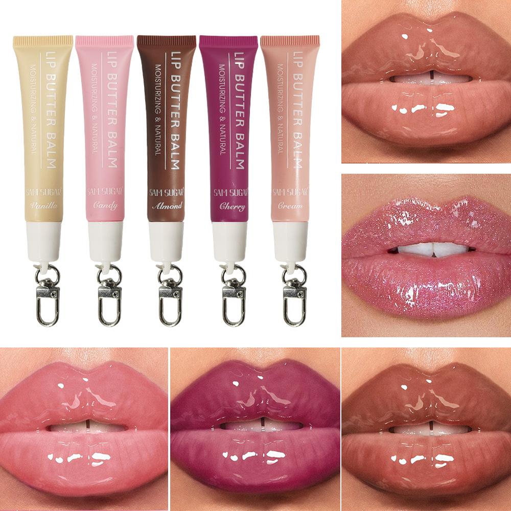 5pcs Lip Balm Moisturizing Mirror Lip Gloss Lip Pink Guava Vanilla Coffee Cake Smell Lipstick Transparent Oil Makeup, With key ring 5pcs