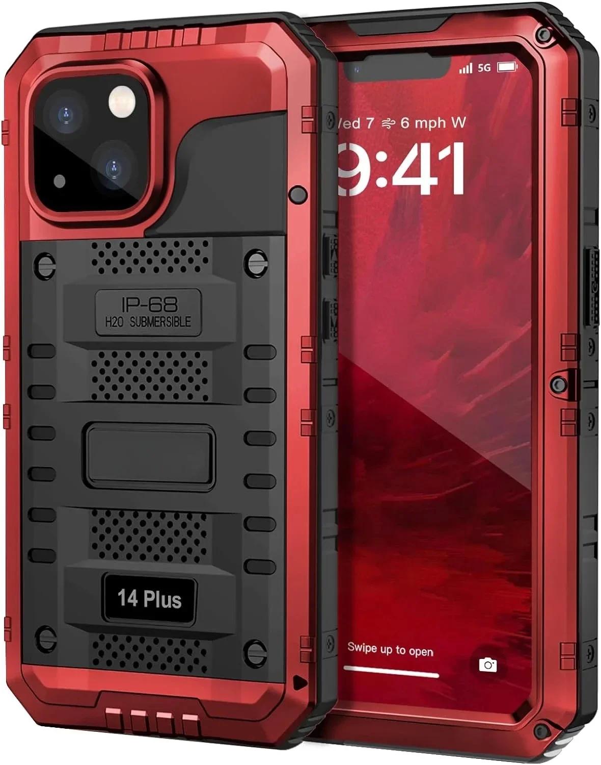 

Для iPhone 15 14 13 12 11 Pro Max XS XR 8 7 Plus Підводний водонепроникний алюмінієвий металевий чохол IP68 із захистом екрану For iPhone 14 Plus червоний