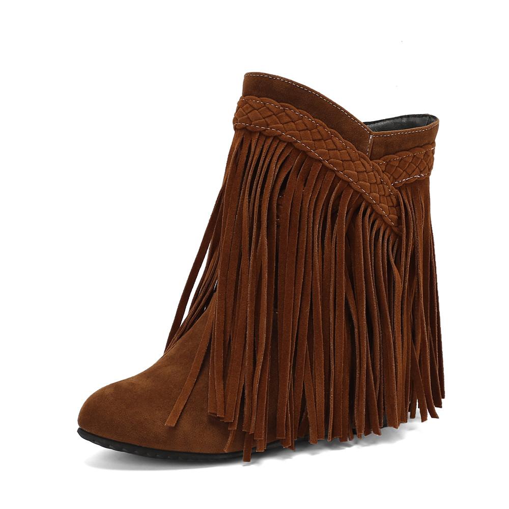 Mote 2025 Mote Høst Vinter Ny Etnisk Kvinne Bohemsk Flock Dusk Skjult Mokasin Ankelstøvletter Støvletter Frynser Kvinne Slip-On Sko