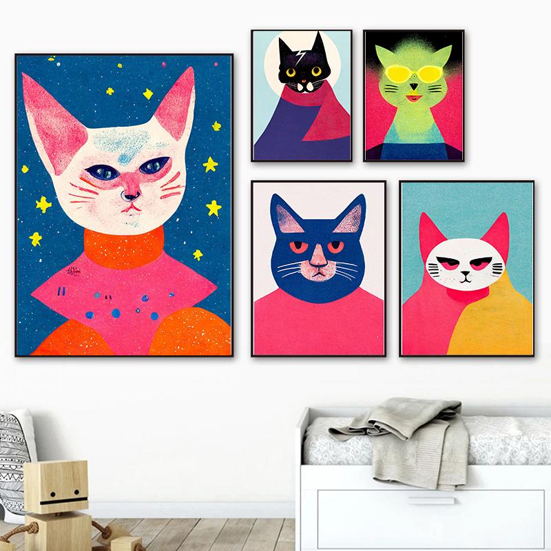 Retro Alien Cat Space Adventure UFO Poster Canvas Painting Abstract Animal Wall Art Picture For Living Room Home Decoration