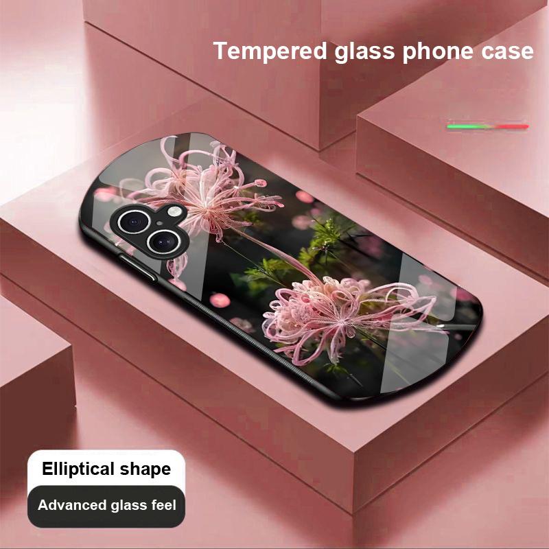 Goldene Pfingstrose Grün Für Apple IPhone 16 11 13 15 14 Pro Max 12 Mini 7 8 Plus XR X XS Ellipsenförmige Handyhülle aus gehärtetem Glas