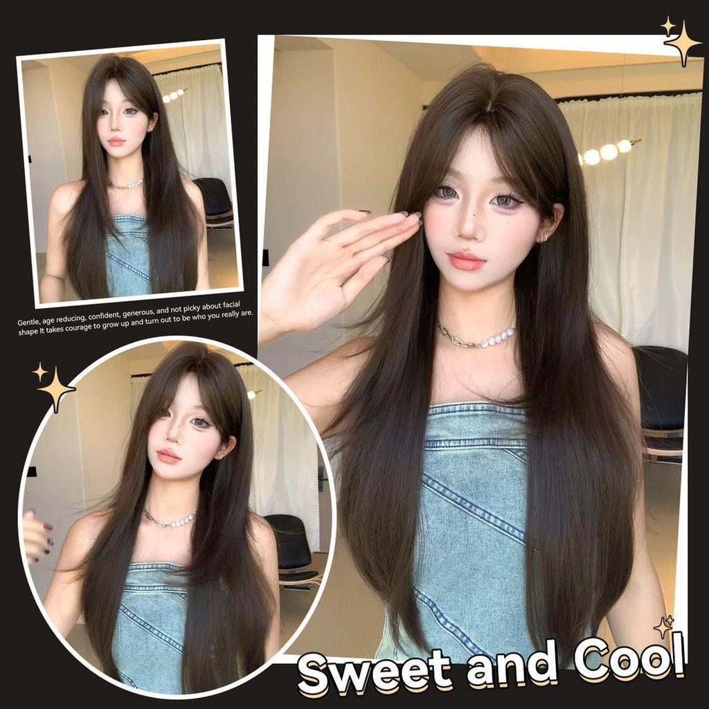 Korean Style Women's Long Layered Straight Wig - Gentle, Sweet, Face-Shaping Middle Part