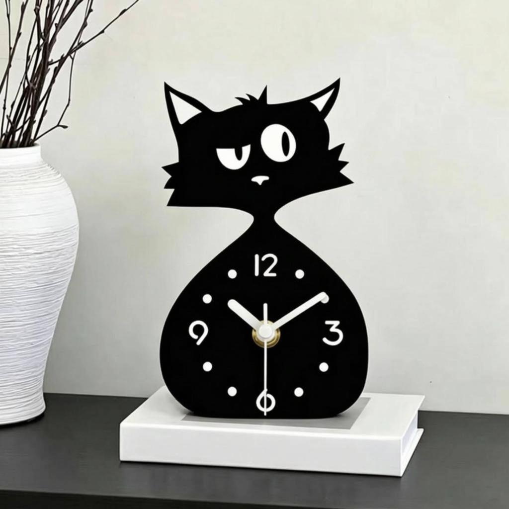 CatShaped Clock Cat Desk Glossy Finish Home Decor for Desktop