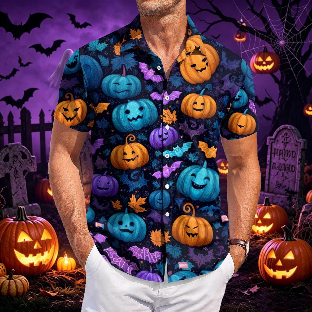 Men Short Sleeve Button Down Shirt with Halloween Themed Printed Design Casual Fit Lightweight Material Suitable for Daily Wear