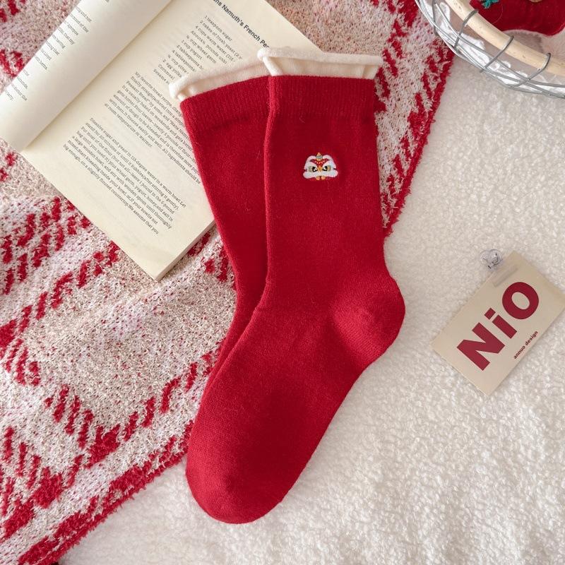 

Wool Big Red Socks For Women~ Warm Year Of The Horse Striped Medium Tube Socks New Year S Socks Thickened Stacking Socks One size fits all