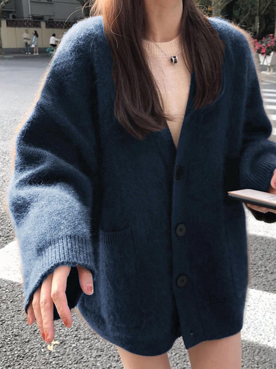 

Оксамитовий Кавовий Єнот Японський Ретро Вільний В язаний Кардиган Светр - Середньої Довжини, Весняно-Осінній Стиль One Size темно-синього кольору