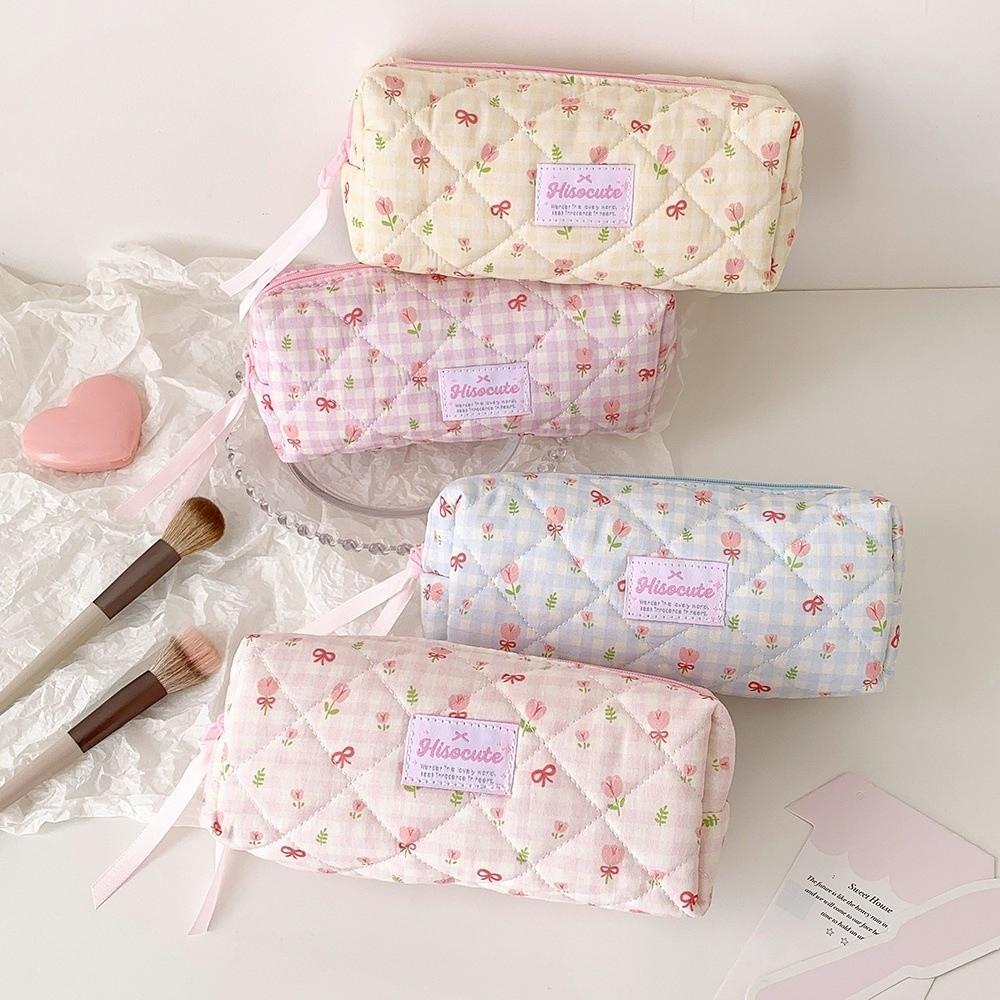 Bow Quilted Pencil Pouch Korean Style Pen Bag Large Capacity Cloth Stationery Bag Kids Children