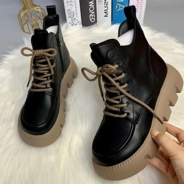 Women's 2025 Spring and Autumn New Soft Leather Retro Boots Fashion Thick Soled Tall Short Boots Round Head Strap Short Boots