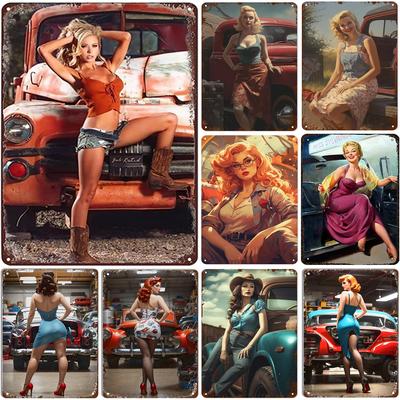 Metal Tin Signs Pinup Car Girls Wall Decoration Plaque Vintage Art Poster Iron Painting for Man Cave Home Cafe Garage Club Bar