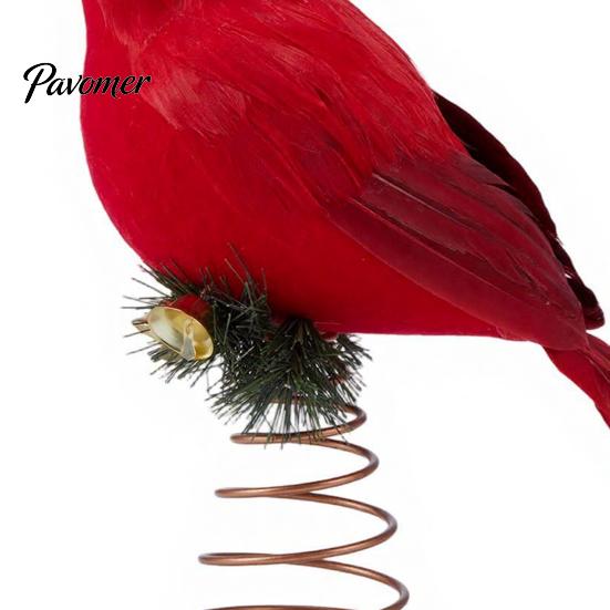 Bird Ornament for Holiday Tree 12 Inch Red Christmas Topper, Artificial Feathered Winter Forest Party Decor with Metal Spring Base, Wedding