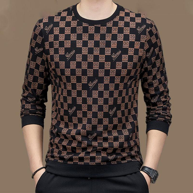 

Мужская одежда трендовые принтованные длинные рукава пуловеры топы 2023 весна осень мода круглый вырез высококачественная роскошная футболка для меня XXXL золотой/чёрный