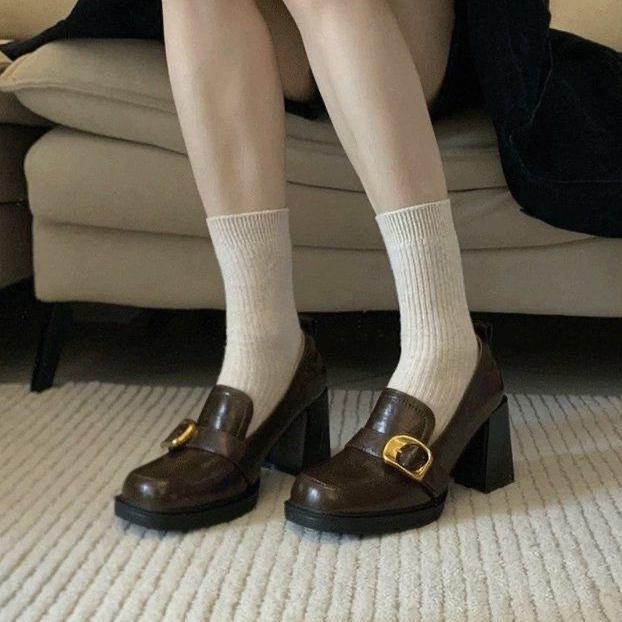 High-heeled small leather shoes thick-heeled Korean version shoes retro one-pedal loafu square head British style metal buckle jk