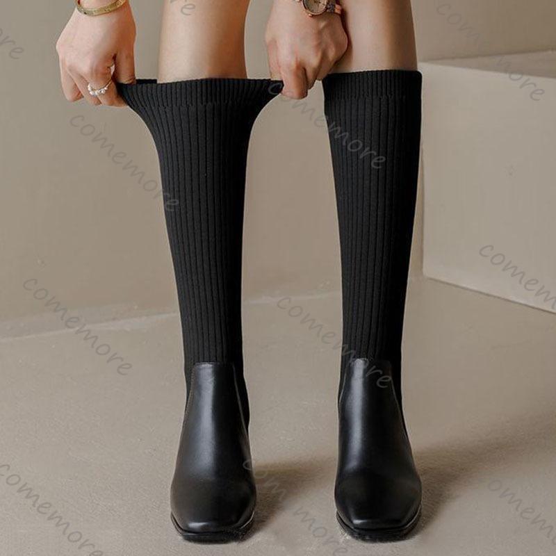 Fashion Comemore Retro Knitted Knee High Elastic Boots Chunky High Heeled Women's Sock Long Boots Casual Slip on Autumn Single Botas