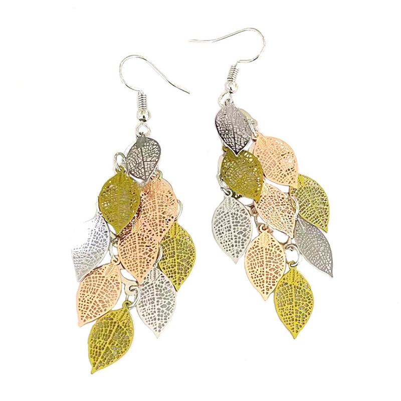 Vintage Hollow Leaves Drop Earrings for Women Bohemian Colorful Long Dangle Earrings 2024 Fashion Zircon Boucle Oreille Femme