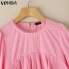 VONDA Women Summer O-neck Short Sleeve Lace Hem Casual Ruffled Blouse