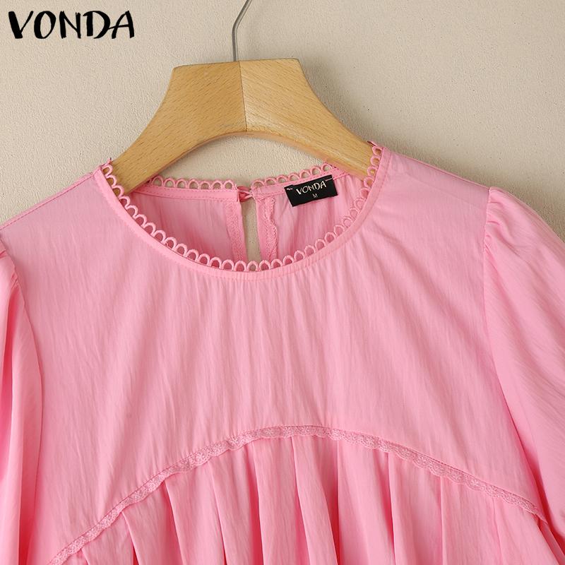 VONDA Women Summer O-neck Short Sleeve Lace Hem Casual Ruffled Blouse
