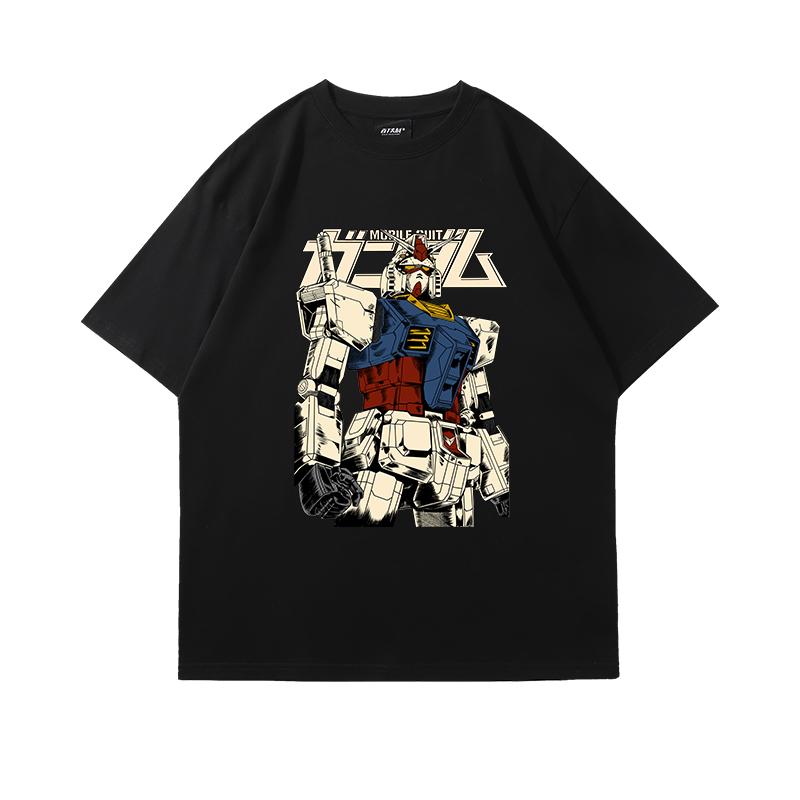 Gundam Shortsleeved Printed Tshirt 2025 Summer Male Tide Brand Cartoon Printing Pure Cotton Loose Youth Round Neck Tshirt
