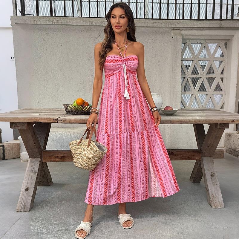 Bohemian Halter Split Geometric Print High Waist Tiered Maxi Cake Dress S