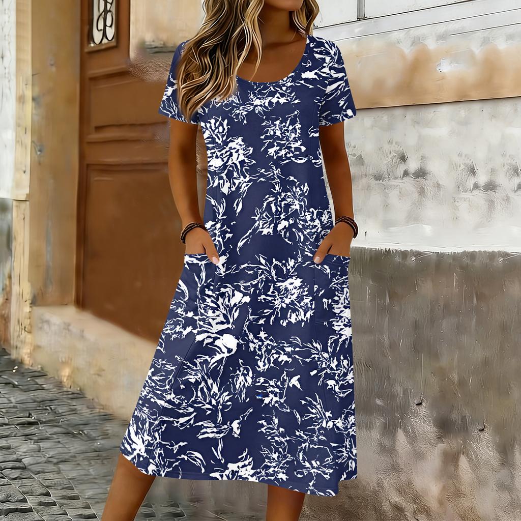 Women's Casual Loose Round-neck Short-sleeved Pocketed Mid-length Dress
