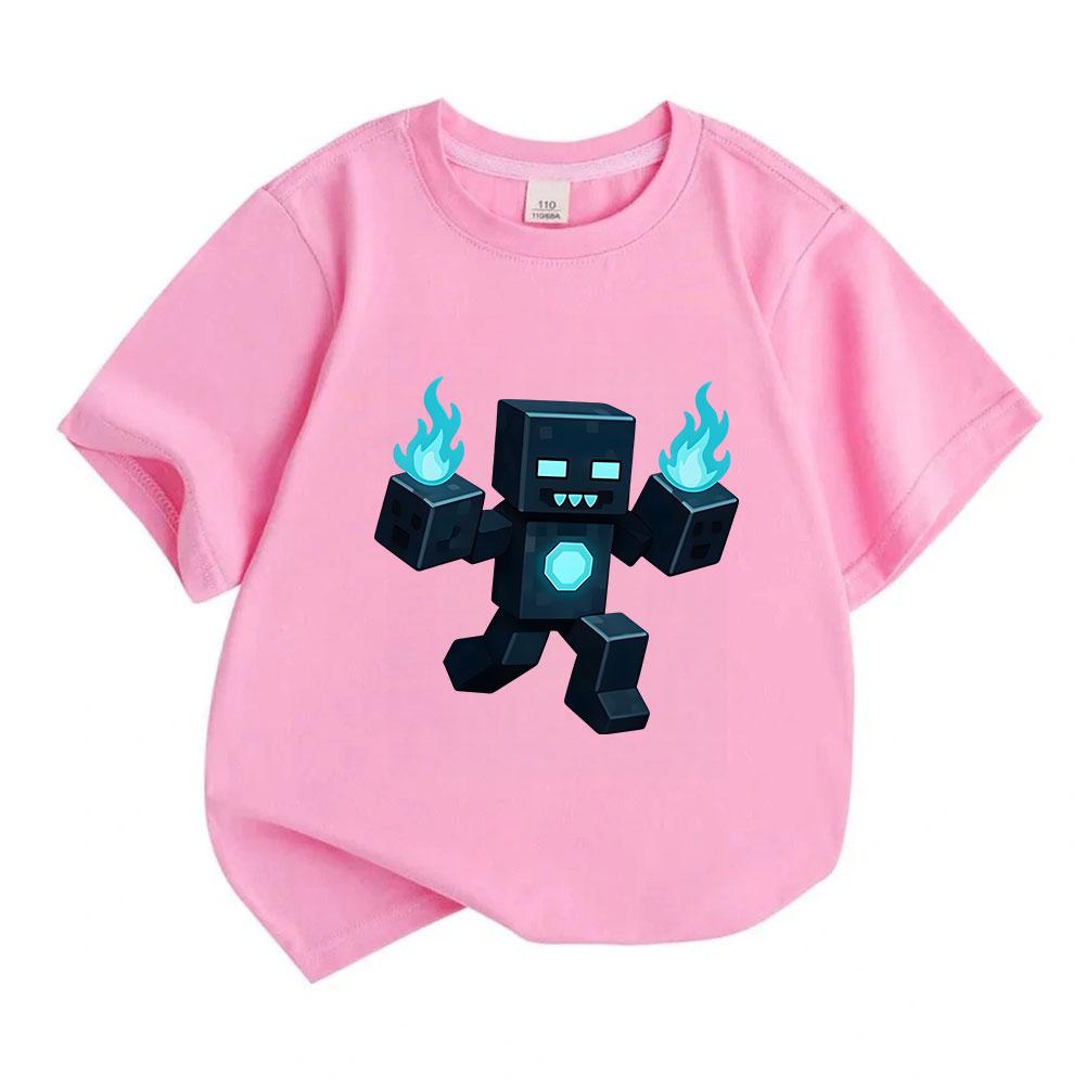 Kids Boys Girls Crew Neck Short Sleeve 100% Cotton T-Shirt, Cool Pixel Blue Fire Robot Print Casual Tees for Daily Wear, Cute Block Character Pattern