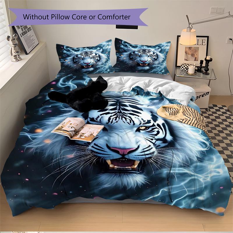 3pcs Flaming White Tiger Printed Bedding Set, Soft and Comfortable Quilt Cover for Bedroom, Guest Room (1 Duvet Cover + 2 Pillowcases, Pillow Cor