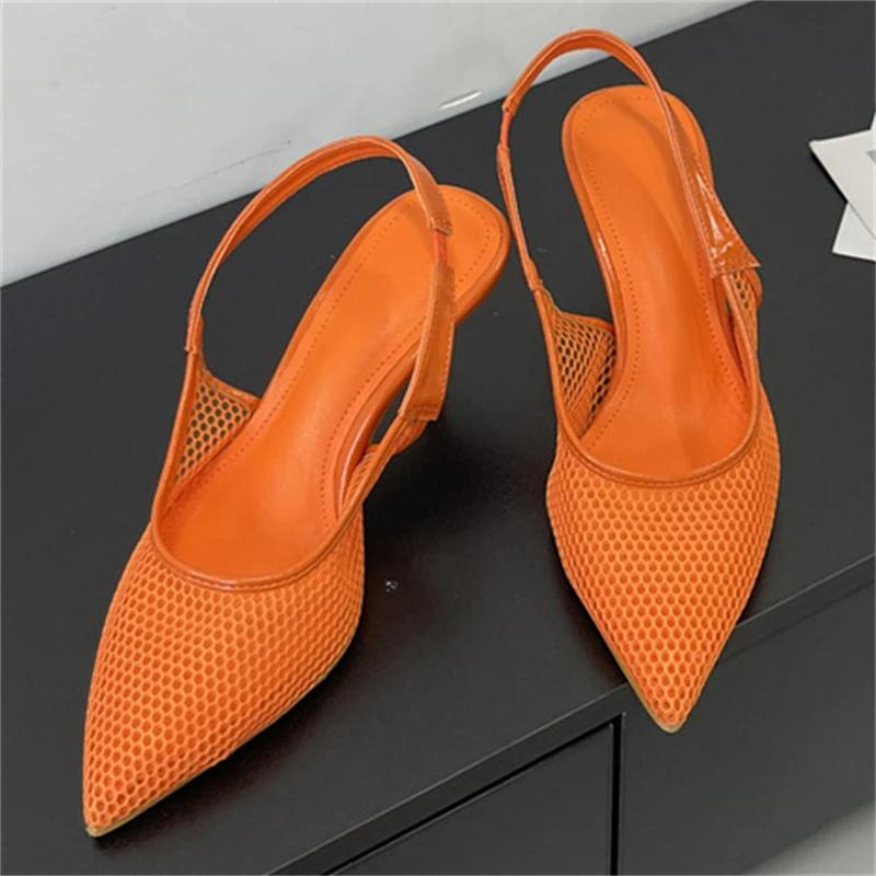 Eilyken Summer Breathable Mesh Pointed Toe Women Pumps Elegant Slingbacks Thin High Heels Party Dress Shoes BIG SZIE 43