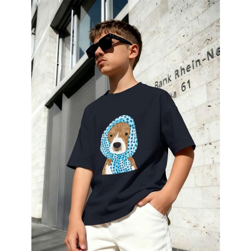 Boys' Simple Letter Small Label Printed Short Sleeved T-shirt Summer Loose Casual Children's Round Neck Top