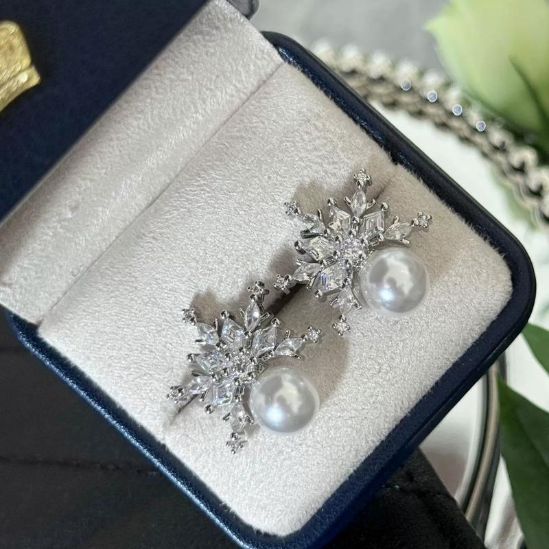 Cercei Stud Fulg de Nea din Argint Sterling cu Zirconiu Cubic de Lux pentru Femei Nuntă Modă Perle Imitate Cadou de Mireasă