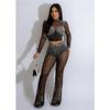 Trendy European American Women Solid Color Mesh Long Sleeve Trousers Two Piece Set Fashionable Outfit
