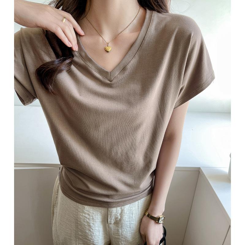 Shoulder-length short-sleeve T-shirt for women, spring-summer design niche V-neck waist-cinching slimming Korean style spicy girl basic black top