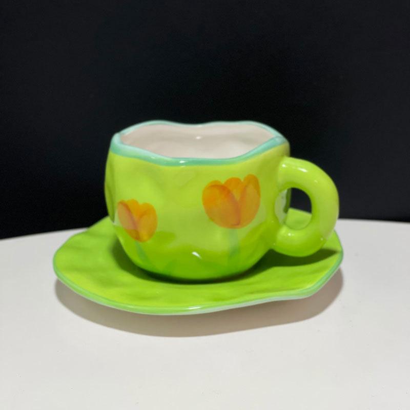 Small Fresh Hand-Squeezed Irregular Yellow Green Tulip Cup And Saucer Hand-Painted Ceramic Coffee Cup And Saucer Set As A Gift