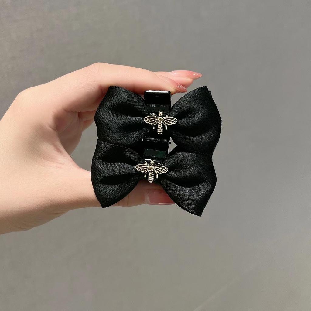 Black Satin Pearl Double-Sided Mini Bow Claw Hair Clip - Small Size for Bangs and Flyaways.