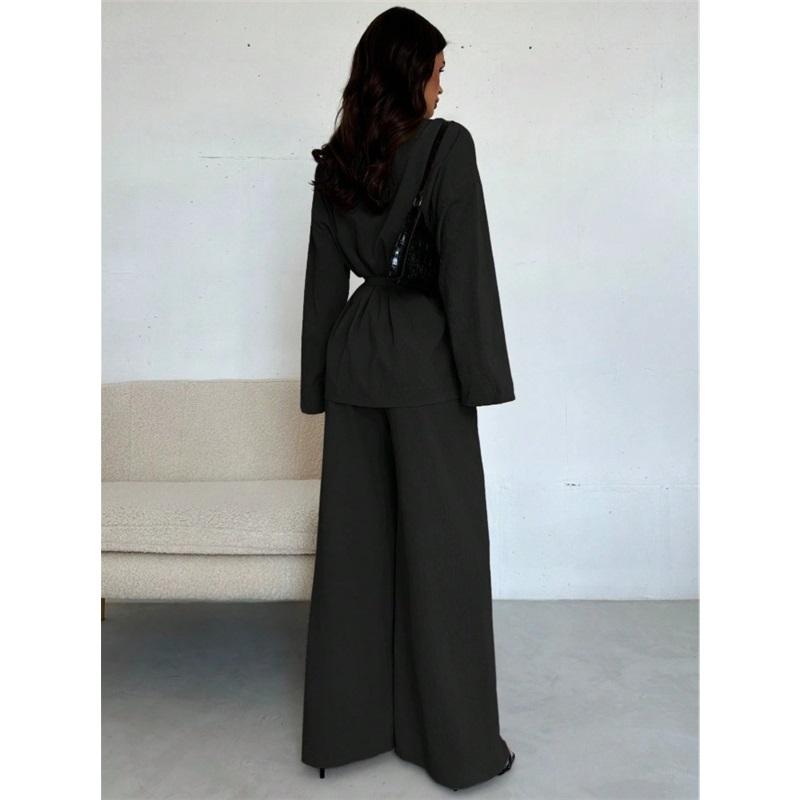 Women's 2 Piece Set V Neck Long Sleeve Belted Blazer & Wide Leg Pants Elegant Casual Office Outfit