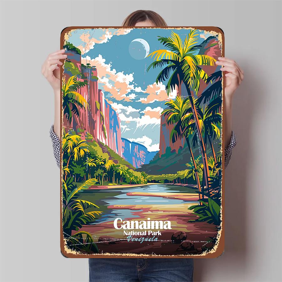 Национальный парк Канайма Венесуэла Пейзаж Металлическое настенное искусство Каньон Река Пальма Декор для дома Картина 20x30cm（7.8x11.8inch）