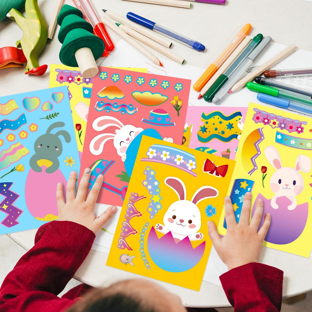 6 Photos/pack of Rabbit Egg DIY Stickers Cartoon Cute Style Puzzle Enlightenment Parent-child Interactive Puzzle Exchange