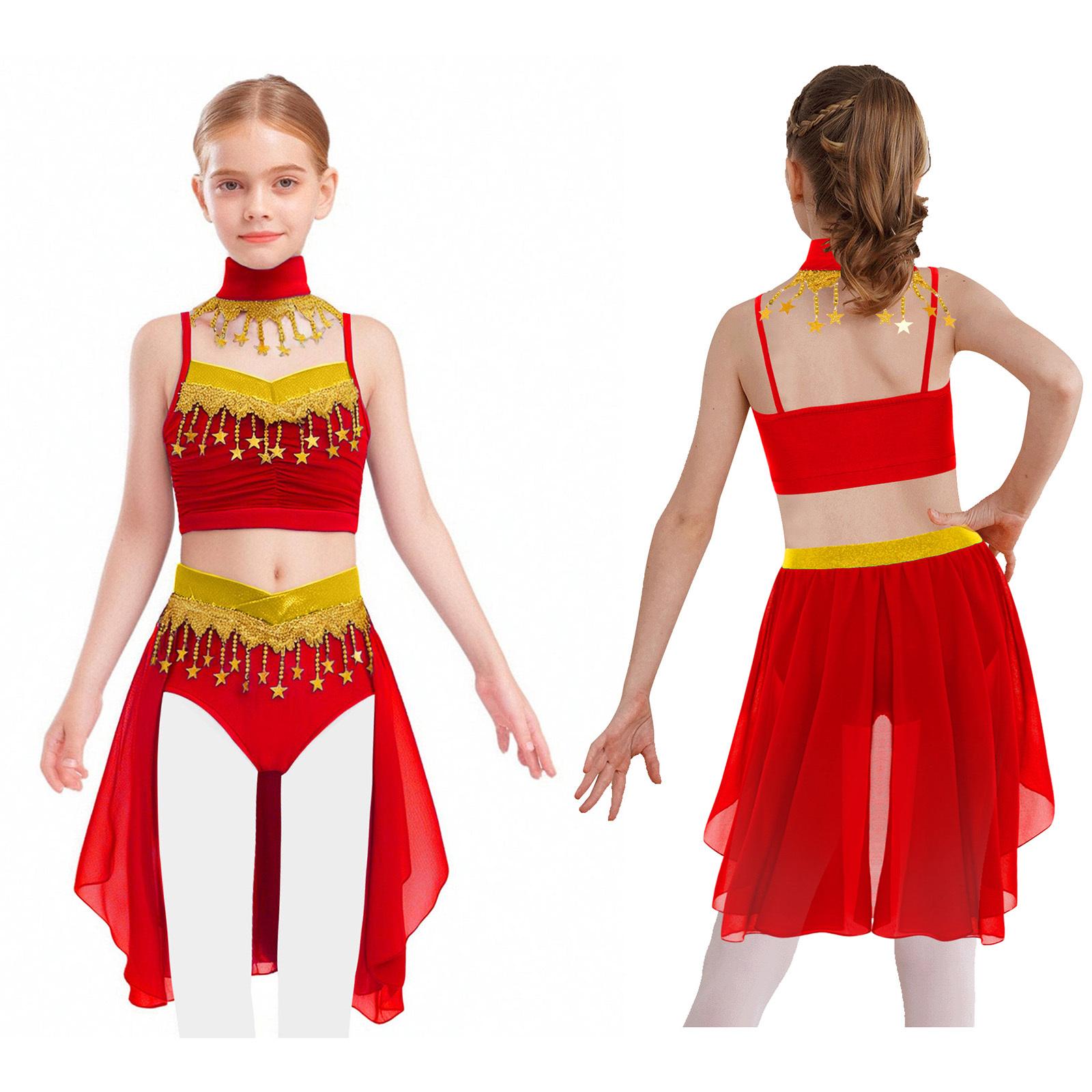 

Kids Star Sequin Tassel Color Block Belly Dance Set Spaghetti Strap Ruched Crop Top V Waistband Irregular Chiffon Skirt Detachable Collar 5-6 Years красный