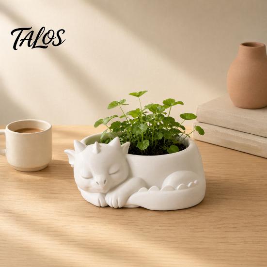 Talos Blumentopf-Ornament, 3D-gedruckte schlafende Drachenform, matt großer gewölbter Pflanztopf, für Heim-Büro-Schreibtisch-Garten-Dekoration