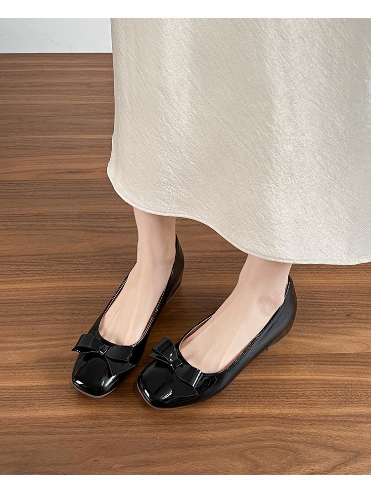 Women's Height-Enhancing Low-Cut French Mary Jane Flats, Versatile Square-Toe Bow Shoes for Dresses